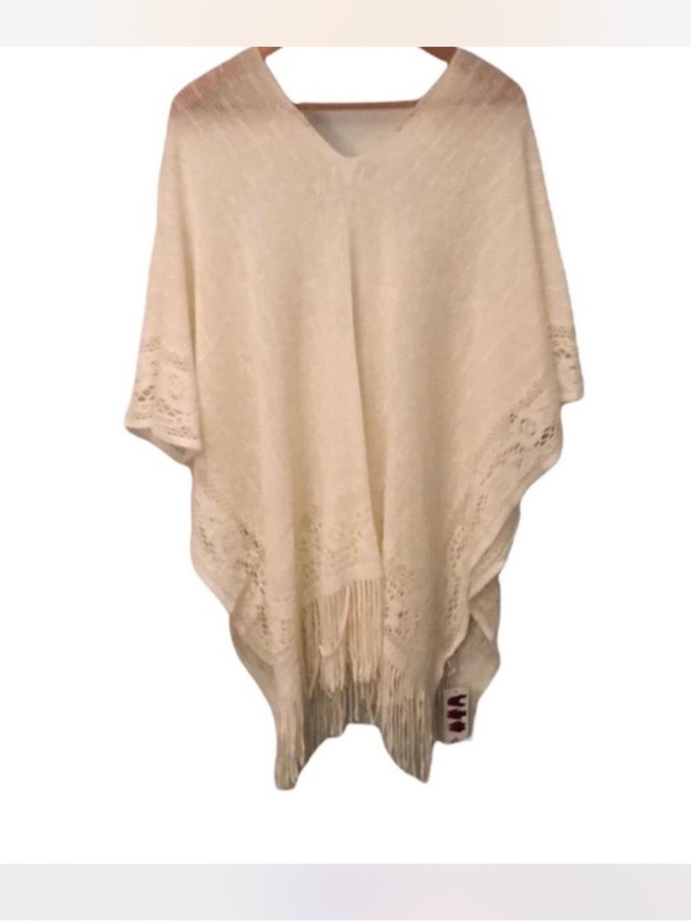 Cream V-Neck Fringe Poncho Sweater